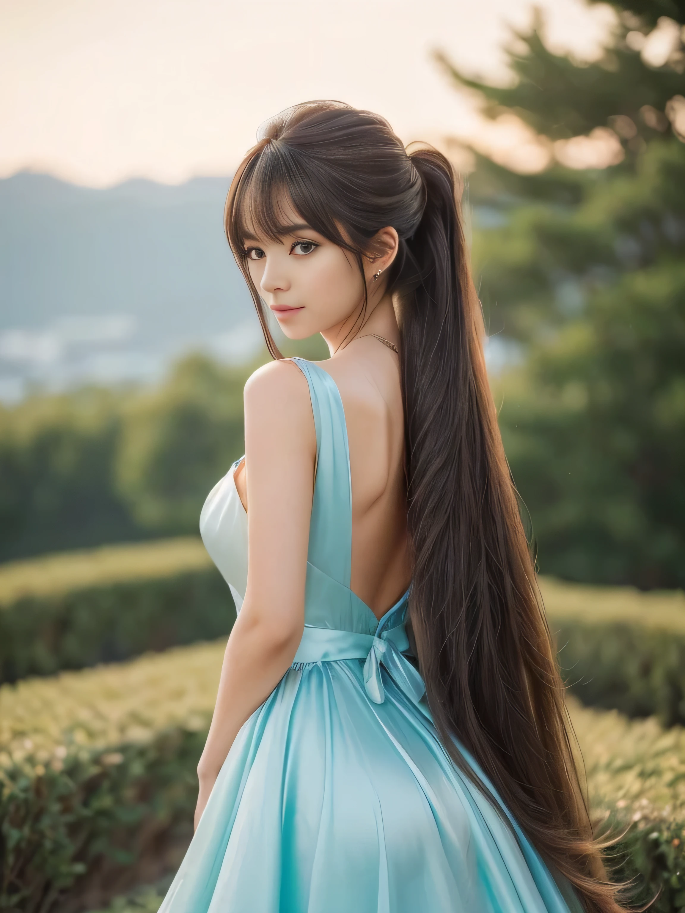(1 Knee-length shot of a woman) (dressed beautiful gown, Fantasy Dress, Magical Dress, soft elegant gown, gown, Elegant and refined, Wearing an elegant dress, Elegant and graceful, Wearing a luxurious dress, Pastel Blue, wearing an evening gown, Beautiful dress, beautiful gown, Romantic Dress, beautiful and elegant, So magical and dreamy) ((Show as much of your back and hair as possible:1.1)) ((Beautiful 24 year old model with long light brown hair Reaches up to the kneeVery long hair highest quality Highest detail Reaches up to the knee、Very long hair that lasts forever:1.3 Flowing Hair 私ncredibly straight hair Very shiny そして thick hair Abnormally long hair that lasts forever Flowing Hair on both ends long hair up to the knees:1.2 long hair up to the knees:1.2 Thick and shiny hair Very free hair Abnormally long hair!!!! Beautiful silky hair Beautiful and shiny hair Beautiful and shiny hair Beautiful silky hair Hair that grows to the knees Very very, Very long hair!!!! Very very, Very long hair!!!!) (highest quality The best ultra-fine Reaches up to the knee、Very long hair that lasts forever Flowing Hair Her hair is gently permed Very shiny そして thick hair Abnormally long hair that lasts forever Flowing Hair on both ends long hair up to the knees:1.2 long hair up to the knees:1.2 Thick and shiny hair Very free hair Abnormally long hair!!!! Beautiful silky hair Super long hair down to the knees Beautiful and shiny hair Beautiful and shiny hair Beautiful silky hair Hair that grows to the knees Very very, Very long hair!!!! Very very, Very long hair!!!!)) (Her bangs are perfect.:1.3) (Japan'The sexiest and most beautiful 24 year old model) (She looks at the viewer with a very seductive expression......) ((highest quality)), ((masterpiece)), (Familiar) (Get used to it) Perfect Face (Her skin is a typical Japanese skin color.. And very detailed) (Big Breasts:1.3) (She is wearing a shiny white camisole.) (She has a beautiful face and a typical Japanese figure...., Narrow eyes) (She has perfect 美しい and sexy makeup and face Lipstick is light red A solid eyeliner) ((Rich 1.4)) (Extremely detailed 8K) (Ultra-fine skin texture 1.4) (Actual, Vibrant:1.4), double eyelid Sharp focus:1.2、Beautiful woman:1.4 Dynamic Lighting (Genuine RAW photos taken by professional photographers) Professional Hair Shine. (She has a bright and cheerful face) (Her face is slim and dignified.., length, Narrow eyes..々Nice face)