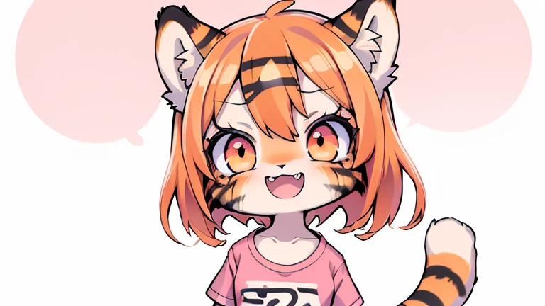 (masterpiece, High quality, Best quality, 8k, High resolution), ((chibii style, chibi cute)), (solo, 1 kid girl), {tiger girl, tiger face, 2 fangs, long eyelashes, eyeliner} {tiger whiskers}, (((Tiger skin all over the body, Tiger stripes on the body))), (orange hair), short hair, hair clip, [[hair clip white flower on hair]], ((very happy)), ((open mouth)), orange eyes, [black pupile], ((looking up)), (very small breasts), thin arms, (one Arm up, one arm down), armpits, ((mini pink T-shirt, full pink T-shirt)), {white shorts}, {{{mini tiger Tail, Tail on the back}}}, (full body), (((standing, jumping chopped angle))), dynamic pose, white background, simple background, ((((Tora-chan no Hanayome style)))), (old anime 40s style), anime style, anime color.