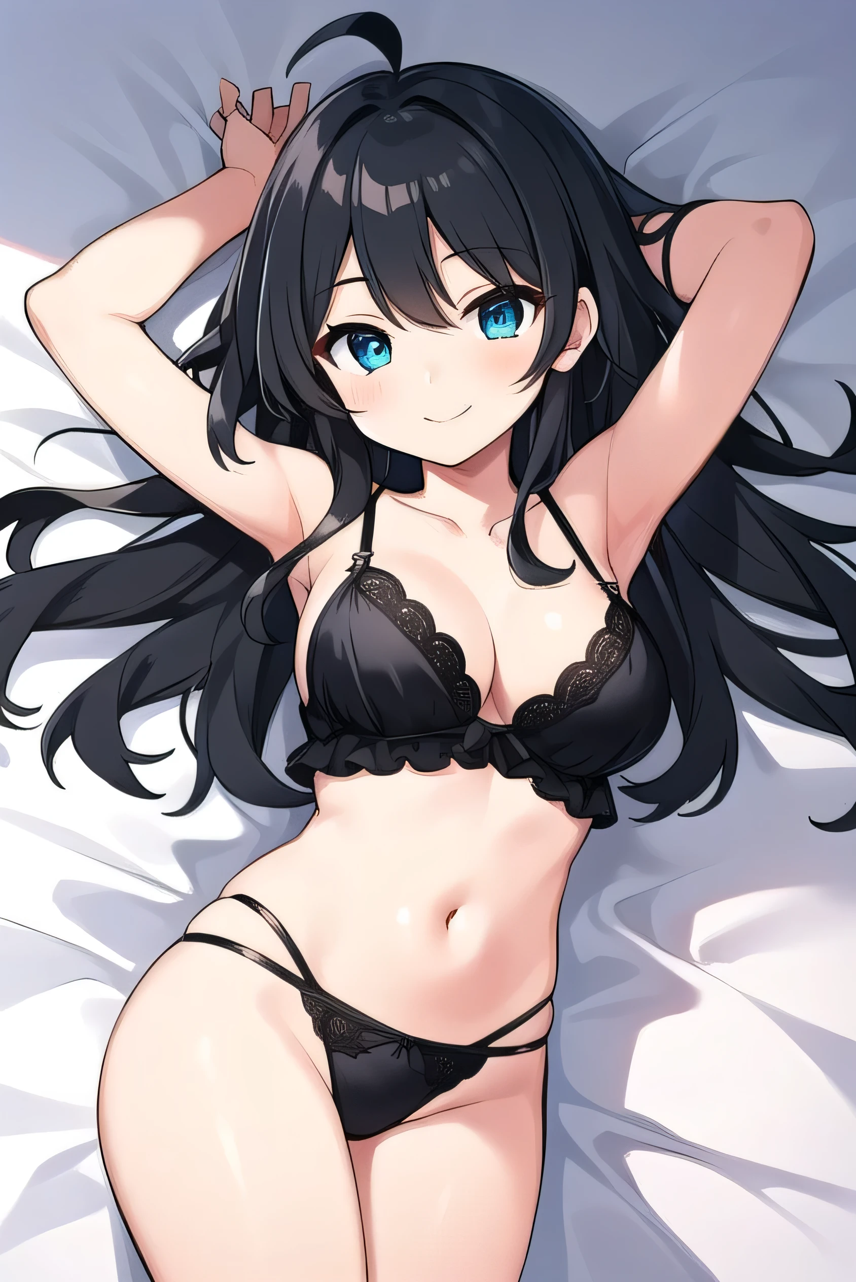 female character. anime style. my hero academia. wide shot. whole body. attractive. Light skinned girl, long messy black hair. blue eyes. under eye liner. Black lace lingerie. black bra . black panties. barefoot. whole body. lying in bed. pose sexy.  Elegant white room background at night. biting lip