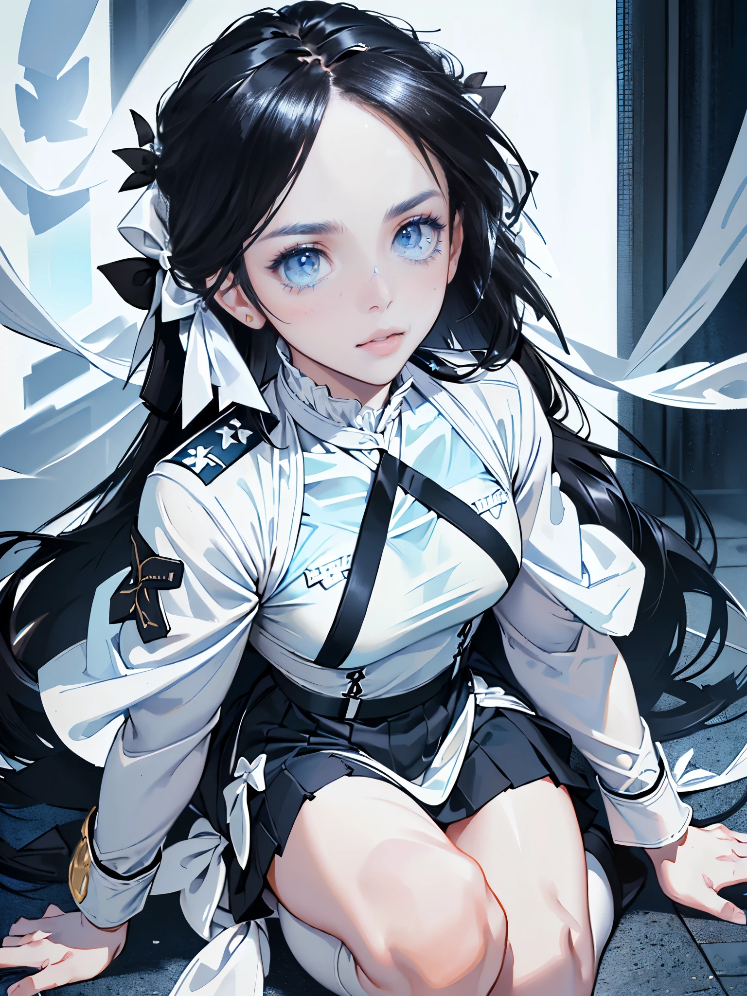 masterpiece, ultra detailed, 8k portrait, RAW photo, portrait photography, highly detailed face, beautiful and meticulous eyes, (black long hair:1.5), parted bangs, blue eyes, (white ribbon:1.5), white center line (blue military one-piece uniform:1.5), mini skirt, white tights, half boots, wariza, full body,