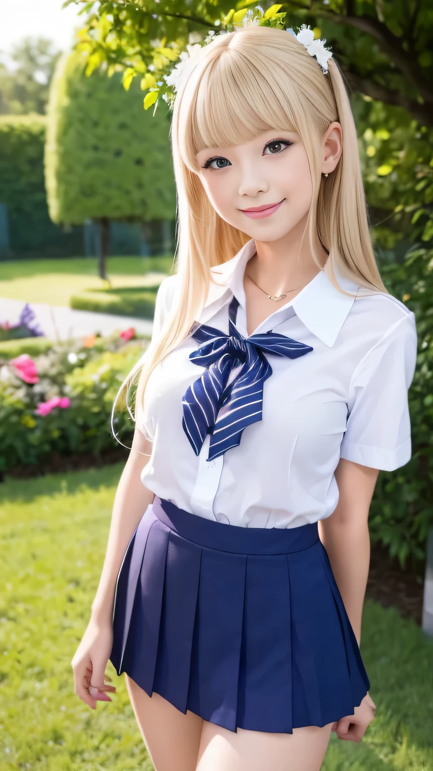 Browsing Caution、8k,highest quality, masterpiece, Very detailed, Ultra-high resolution, Realistic, RAW Photos, , Absolute Resolution, Complete limbs、Complete Anatomy、Perfect beautiful skin、pretty girl1人,pretty girl 、、(smile:1.2)、ta Girl、(School Uniform:1.3)、(Short sleeve white collar shirt:1.1)、bow tie 、、Micro Mini Skirt、、Accentuate your thighs、、、(blonde:1.2)、、、pretty girl、 , Realistic young gravure idol, Japanese Girls、、alone、(garden:1.2)、From the back