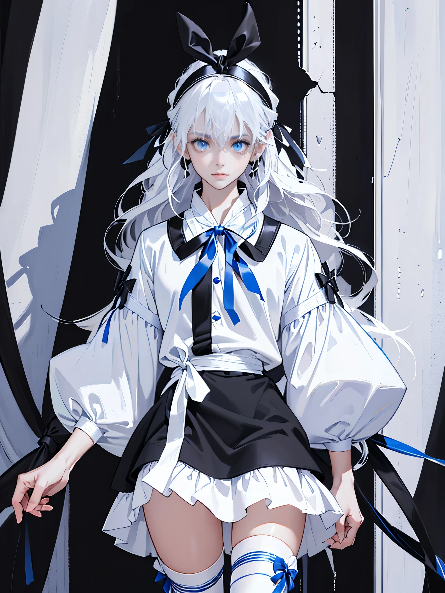 masterpiece, ultra detailed, 8k portrait, RAW photo, portrait photography, highly detailed face, beautiful and meticulous eyes, (black long hair:1.5), blue eyes, (white hair band and ribbon:1.5), white center line blue military one-piece uniform, mini skirt, white tights, half boots, standing,