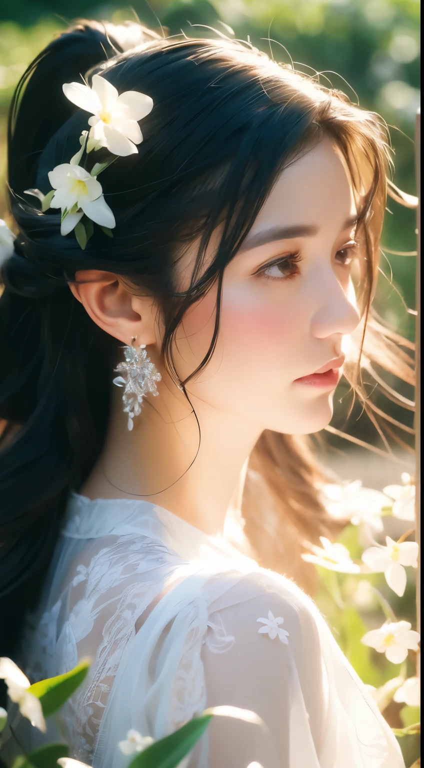 (8k, original photo, best quality, masterpiece:1.2), (actual, photo-actual:1.37),1 girl, Full body image, Black Hair, Flowing hair, Hazy Beauty, Extremely beautiful facial features, White embroidered dress, Hairpins on the head, lying among flowers, Hand dragging chin, Perfect hands, White flowers, (spring, Rainy Day, Terraced Fields, Mountains), Simple vector art, Chinese Contemporary Art, Soft Light, Tangled scarf, Overlooking