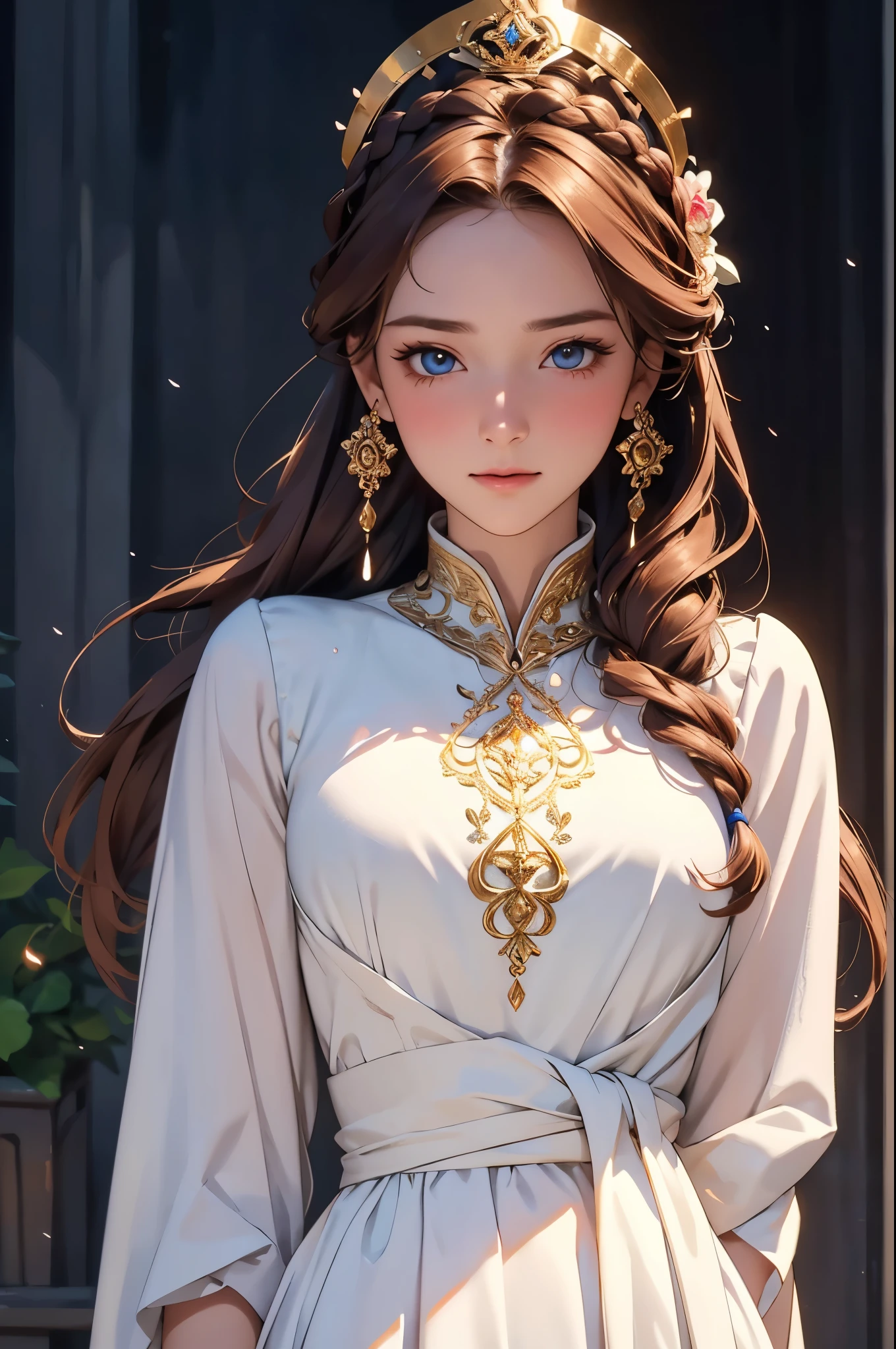Ultra-realistic 8K, picture-Perfect face, Flawless, Clean, masterpiece, Movie Lighting, Movie Bloom, Perfect face, Pretty Face, Extremely detailed eyes, A woman (White Dress) Standing outside in the dark night, raining, Gold headdress, A concerned expression, Perfect female waist, Surreal photography, Extremely detailed CG Unity 8K wallpaper, HDR, original photo, DSLR camera, Intricate details, Lovely, magic, enchanting, Open your mouth, Vibrant Lighting, Vibrant colors, (masterpiece, best quality, Super detailed, The best shadow) Cut off long hair, Chestnut Brown Hair, Ponytail, Crown Braid Tie, (Obvious blushing)