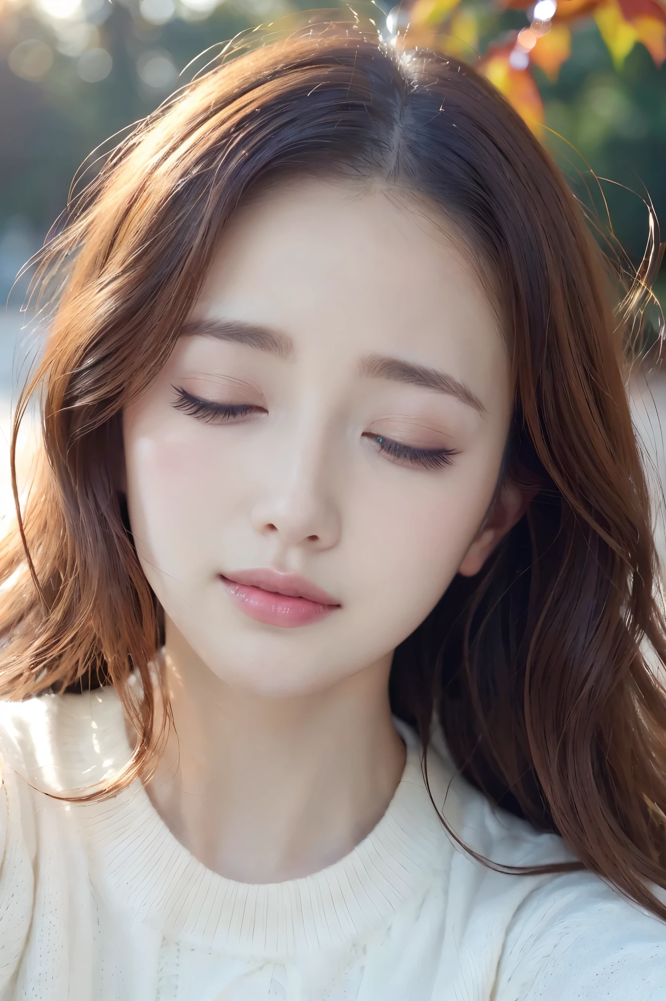 (highest quality、Tabletop、8k、Best image quality、Award-winning works)、(Please close your eyes completely:1.1)、(Closed lips:1.1)、(Bring your face closer:1.1)、(Put your lips against mine:1.1)、(Face close-up:1.3)、(Taking a selfie with arms outstretched:1.5)、Long Wavy Hair、Knitted sweater、(完璧に整備された美しい秋の公園のBlurred Background:1.1)、Autumn scenery、The most natural and perfect park background、Red autumn leaves、wood々Beautiful sunlight shining through the gap、(Romantic Sunset:1.2)、(A vibrant and spectacular sunset:1.1)、(Blurred Background:1.1)、Great cinema lighting、Beautiful glossy lipstick、Perfect Makeup、Ultra-high definition beauty face、Ultra HD Hair、(Beautiful closed eyelids in ultra-high resolution:1.1)、(Ultra-high resolution bright and radiant skin:1.4)、(Super high quality glossy lip:1.1)、(Look forward:1.2)、(体がLook forwardいる:1.2)、(Eyebrows lower:1.2)、(Troubled face:1.1)、Natural beautiful eyebrows、Naturally beautiful forehead