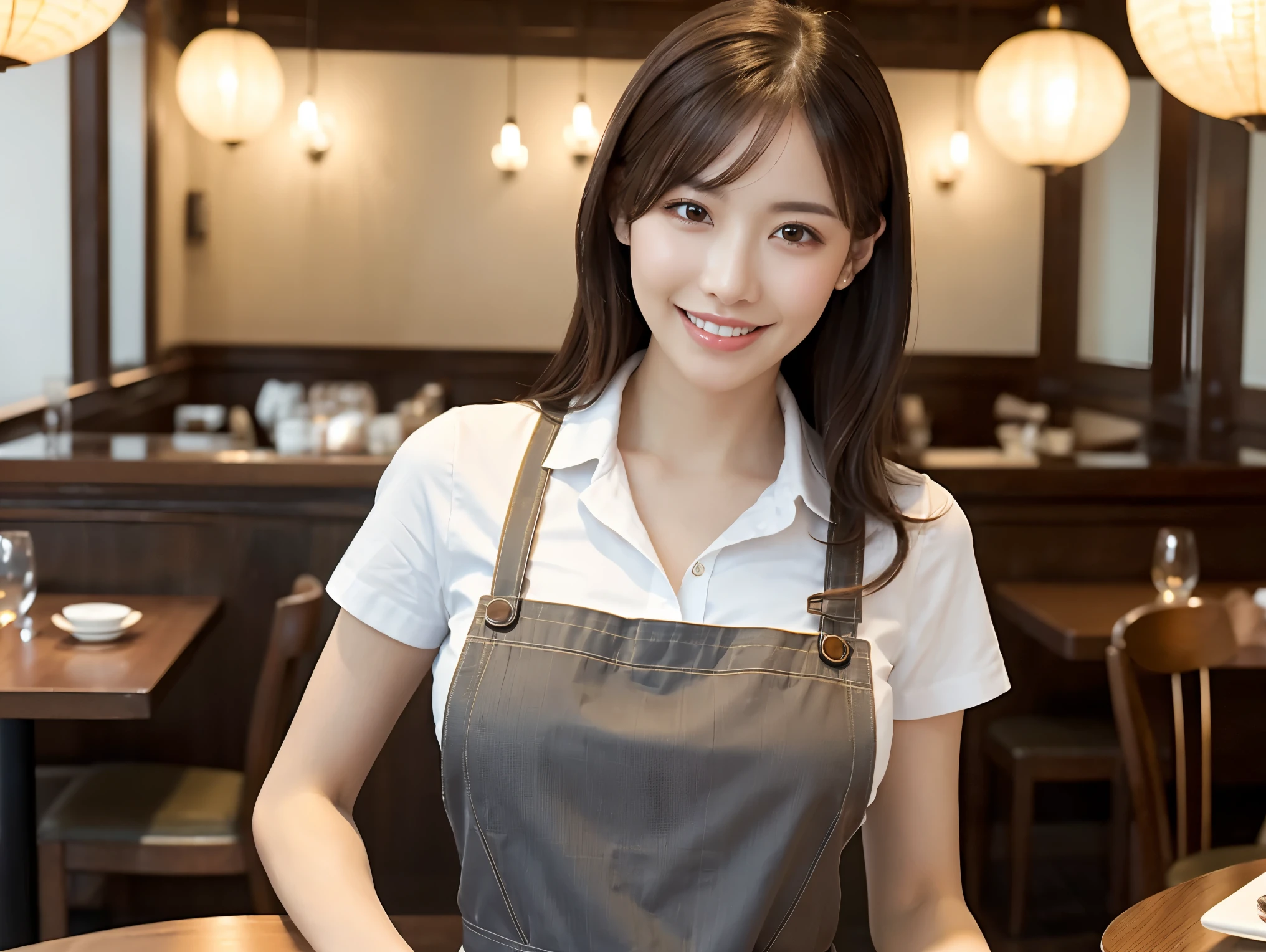 (Best Quality, Tabletop, 8K, Best Quality, Award-Winning Work), Woman Working in a Cafe, Full Body Photo, (Width, She Stands in an Elegant and Simple Cafe: 1.3), (Perfect Brown Apron: 1.1), (Perfect gray apron: 1.1), (classy shirt and apron: 1.1), (big breasts: 1.1), (highlights the body line: 1.1), portrait of a beautiful woman, the most elegant and cozy cafe, (ponytail), The most natural cafe, perfectly organized, the most atmospheric warm lighting, stylish and elegant cafe, strongly blurred background, look at me and smile, (accurate anatomy: 1.2), Ultra HD perfect Beautiful Teeth, Ultra HD Beautiful Face, Ultra HD Hair, Ultra HD Shining Eyes, Shining, Ultra Luxury Beautiful Skin, Ultra Luxury Glossy Lips, Attractive Thick Lips