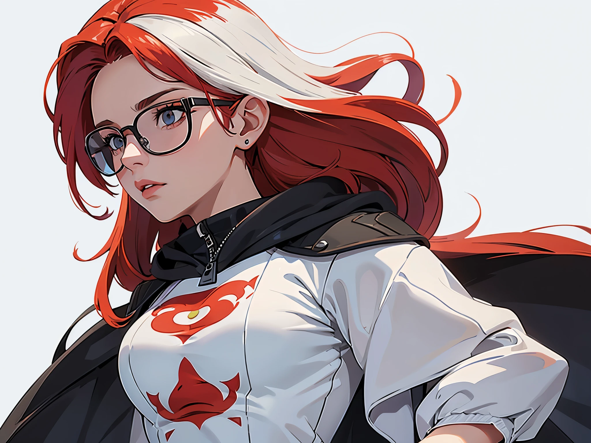 Uma personagem de free Fire mulher com cabelos branco e um coque de cada lado do cabelo com mechas vermelhas,e uma blusa da Santander vermelha e branca,and dark black glasses and white beard