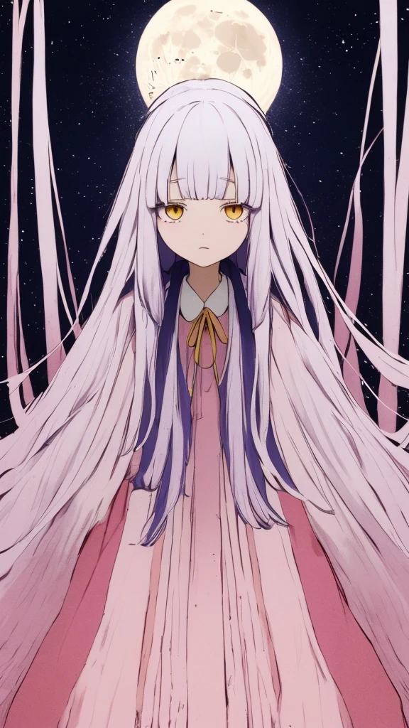 the anime, with , yellow eyes, pink dress, white sleeves, (indigo hair), sad face, girl in depression, full height, Full-length girl, best Quality, girl, Princess Kaguya,A huge shining full moon