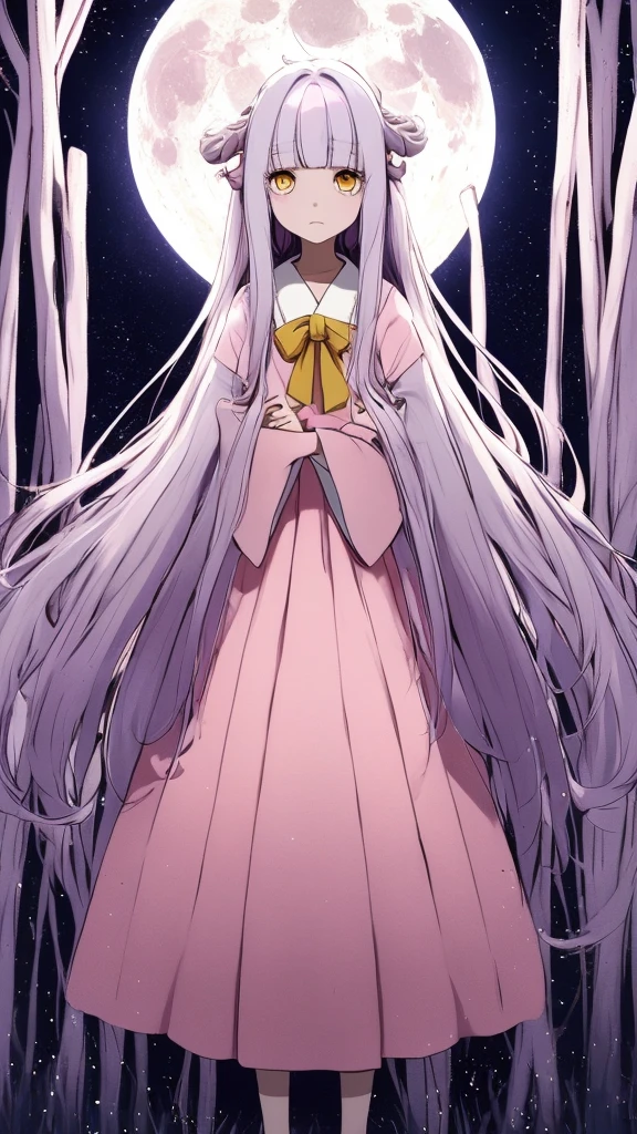 the anime, with , yellow eyes, pink dress, white sleeves, (indigo hair), sad face, girl in depression, full height, Full-length girl, best Quality, girl, Princess Kaguya,A huge shining full moon