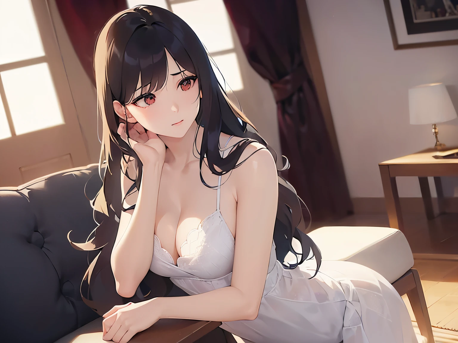 side angle, (looking away:1.5), eyes close up、Placing hand on face、Biologically correct five fingers、Cleavage、Realistic, real person, (pale skin: 1.2), RAW photo, photorealistic, shiny skin, shiny hair、(A 25-year-old woman with medium-length hair and bangs) and (wavy hair) and (brown hair) and (orange eyes) , (sundress) and (white) 、confused, The background is the living room、Alone、Are standing