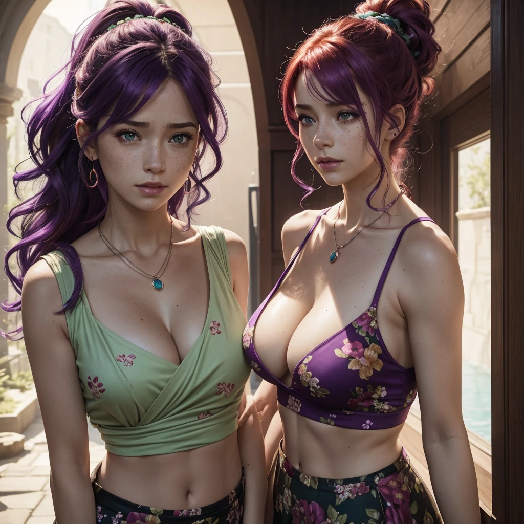 1 woman only, purple hair color, highres, masterpiece, perfect lighting, bloom, cinematic lighting, adult, female, perfect skin, looking at viewer, upper body, collarbone, wavy hair, necklace, floral print, green ponytail, freckles, red hair, sunlight, center opening, midriff, cleavage, sleeveless, crying,