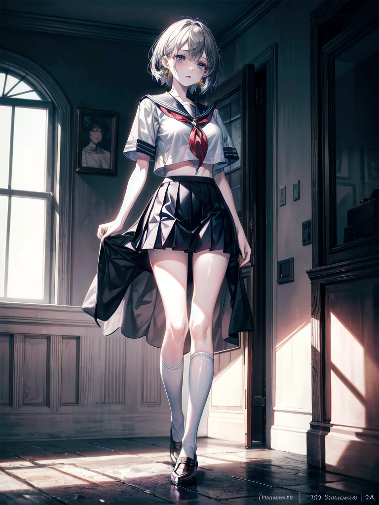 sailor school_uniform, absurdres, RAW photo, extremely delicate and beautiful, masterpiece, Best Quality, ultra high resolution, 32k, hyperrealistic, ultra-detailed, detailed description, pale skin, 20 years old, tearful mole, earring, Colossal tits, short medium hair, wavy hair, full body shot,