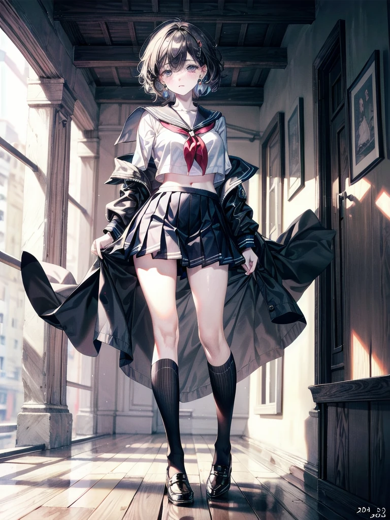 sailor school_uniform, absurdres, RAW photo, extremely delicate and beautiful, masterpiece, Best Quality, ultra high resolution, 32k, hyperrealistic, ultra-detailed, detailed description, pale skin, 20 years old, tearful mole, earring, Colossal tits, short medium hair, wavy hair, full body shot,