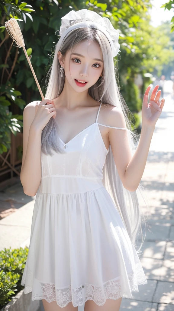 Silver-white beautiful girl with long hair,White Dress,flat chest,White skin,Stick out your tongue,Cute and playful,Girlfriend,