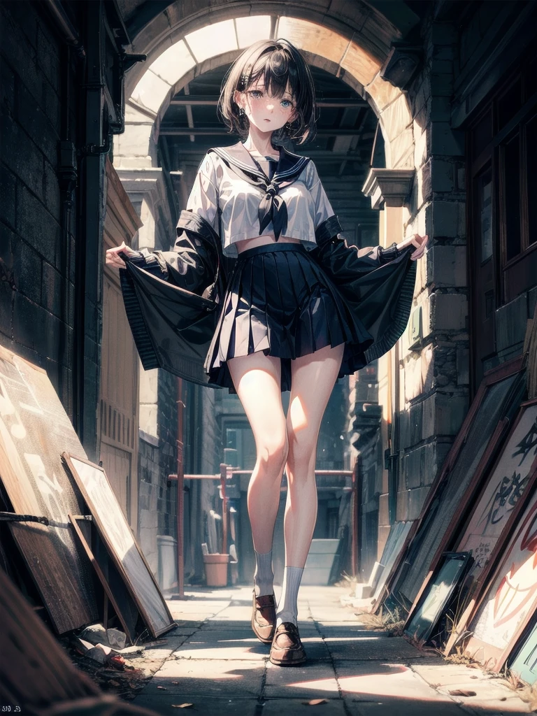 sailor school_uniform, absurdres, RAW photo, extremely delicate and beautiful, masterpiece, Best Quality, ultra high resolution, 32k, hyperrealistic, ultra-detailed, detailed description, pale skin, 20 years old, tearful mole, earring, Colossal tits, short medium hair, wavy hair, full body shot,