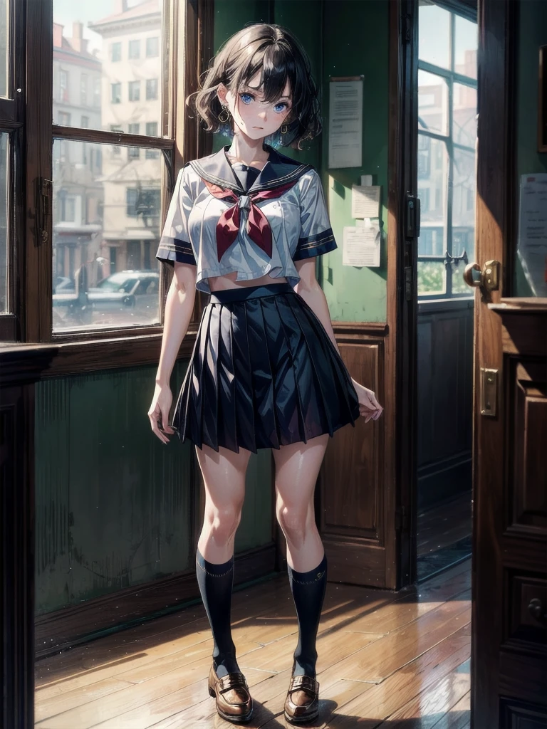 sailor school_uniform, absurdres, RAW photo, extremely delicate and beautiful, masterpiece, Best Quality, ultra high resolution, 32k, hyperrealistic, ultra-detailed, detailed description, pale skin, 20 years old, tearful mole, earring, Colossal tits, short medium hair, wavy hair, full body shot,
