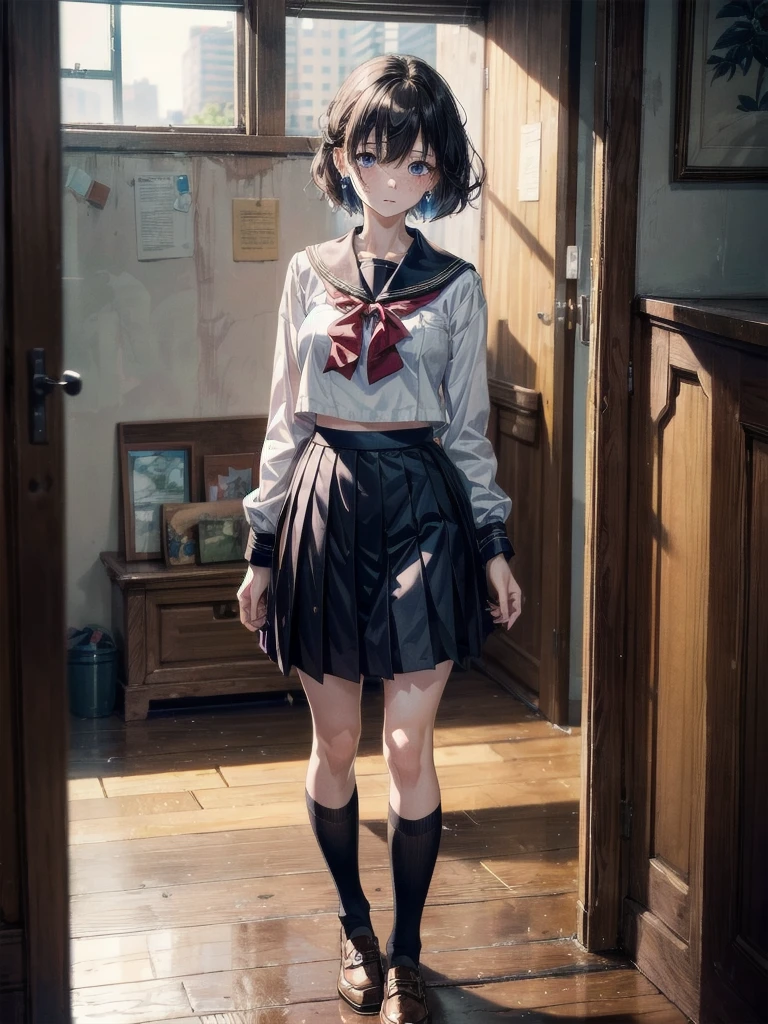 sailor school_uniform, absurdres, RAW photo, extremely delicate and beautiful, masterpiece, Best Quality, ultra high resolution, 32k, hyperrealistic, ultra-detailed, detailed description, pale skin, 20 years old, tearful mole, earring, Colossal tits, short medium hair, wavy hair, full body shot,