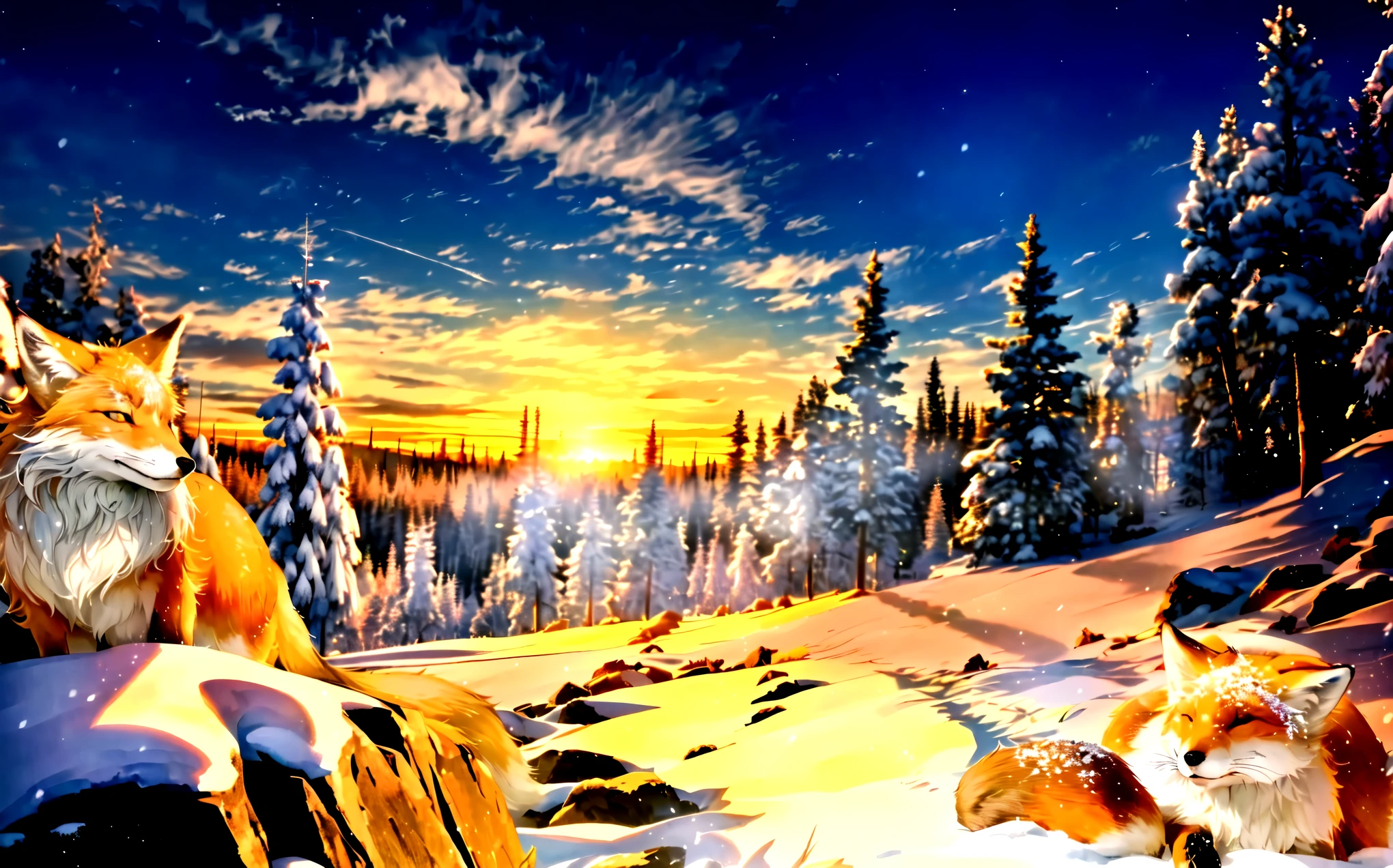 Snowy mountain scenery illuminated by the morning glow,Countless rocks covered in snow,崖の下には地平線まで続くSnowy white coniferous forest,Snowy white coniferous forest,The sun begins to rise over the horizon,Snow scenery shining in the morning sun,Snow-capped coniferous forest,(A fox illuminated by the morning glow,A fox dozing on the snow with its eyes half open),I can only see one hand,,(A fox dozing on a rock with its eyes half open,legs are not visible,),,