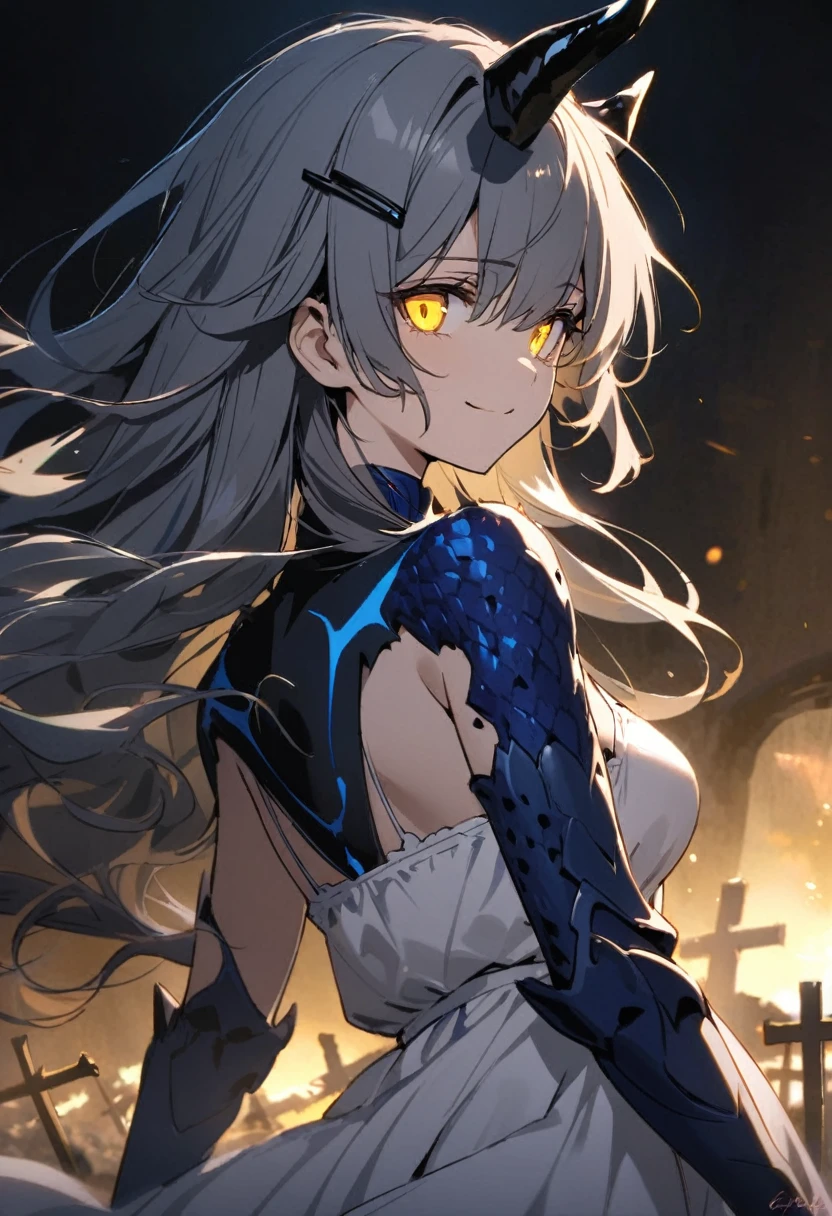 Dragon blood, moonlight, white silk camisole bra, short girl, blue gauntlets, grave mare, flowing hair, melancholy eyes, warm smile, yellow eyes, white silk dress, black horn-like hairpin, blue bolero, looking back,