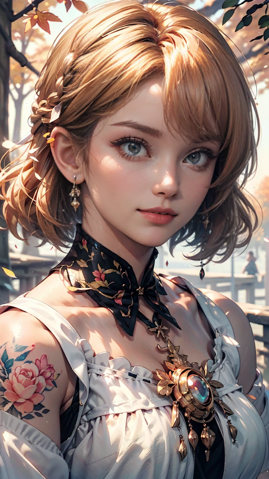 (8k, highest quality, masterpiece:1.2),(highest quality:1.0), (Ultra-high resolution:1.0), watercolor, Beautiful woman, shoulder, Hair Ribbon, Agnes Cecil, Half Body Portrait, Very bright and luminous design, pastel colour, (ink:1.3), Autumn Light,Good proportions