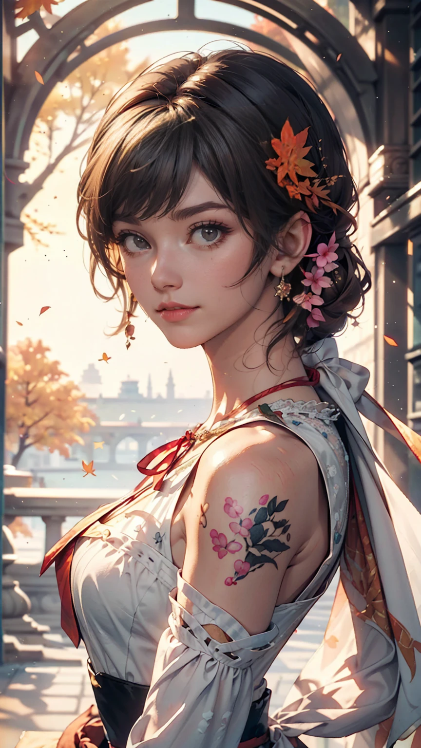 (8k, highest quality, masterpiece:1.2),(highest quality:1.0), (Ultra-high resolution:1.0), watercolor, Beautiful woman, shoulder, Hair Ribbon, Agnes Cecil, Half Body Portrait, Very bright and luminous design, pastel colour, (ink:1.3), Autumn Light,Good proportions