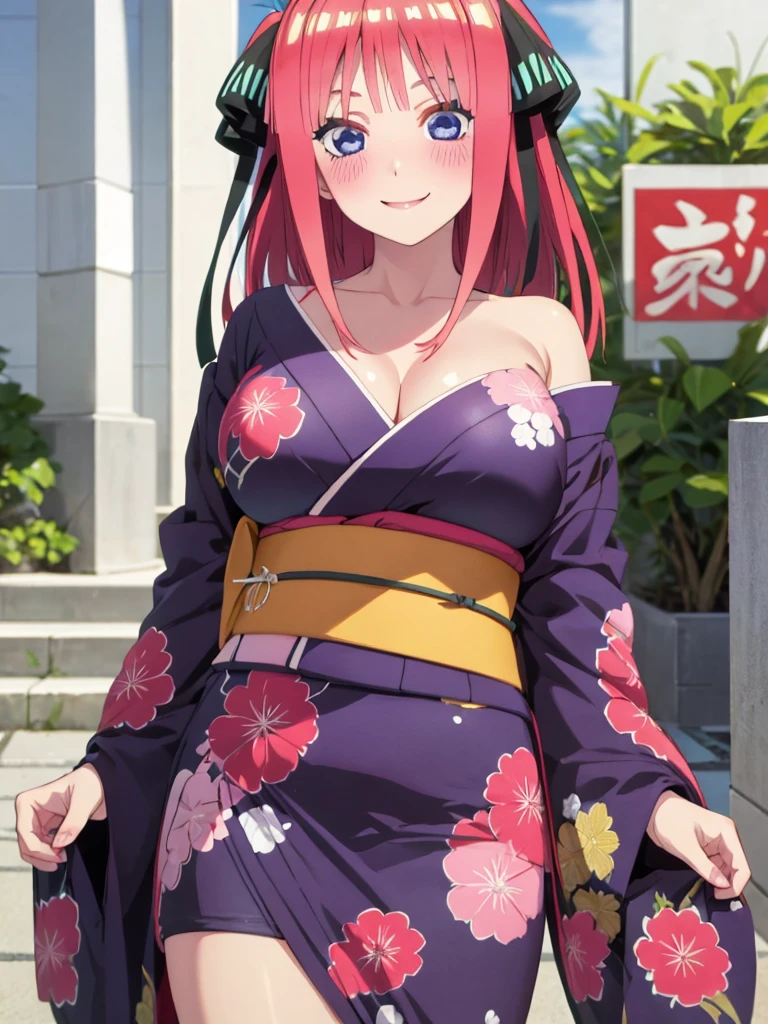 best quality, insanely detailed, nino nakano, kimono, breasts, blush, outdoor background, pussy, spread legs, backstyle