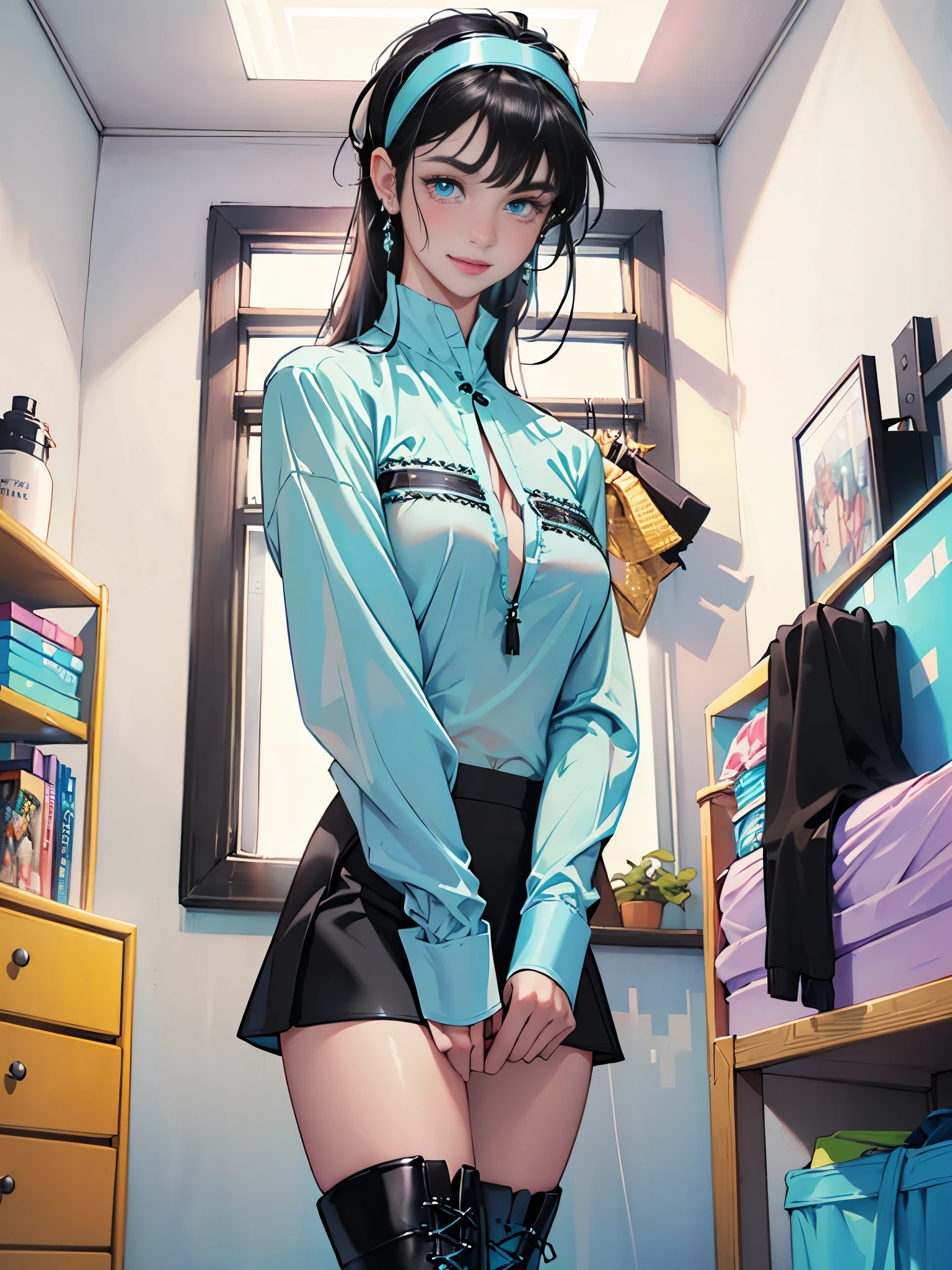 (maximum resolution: 1.2), (ultra high definition:1.2), cinema light, 8K resolution, fine eyes and skin, detailed face, perfect style, cute face, Accurate, anatomically correct, Highly detailed face and skin texture, beautiful and meticulous droopy eyes, (black hair:1.5), long hair, parted bangs, blue eyes, (white hairband:1.5), (long sleeves patternless dark cyan shirt:1.5), (micro skirt:1.5), (tights:1.2), (boots:1.5), 1 natural cheek, shiny skin, Fair skin, Glossy skin: 1.2, (glossy lips: 1.4), (embarrassed look: 1.2), 17 year old woman, (highest quality:1.2), cinematic lighting, perfect style, beautiful face, blush, glare, embarrassing, (smile:1.2), (nipples:1.2), (cameltoe:1.2), (fascinating body:1.2), bare navel, long shot, (in her room:1.5), from below