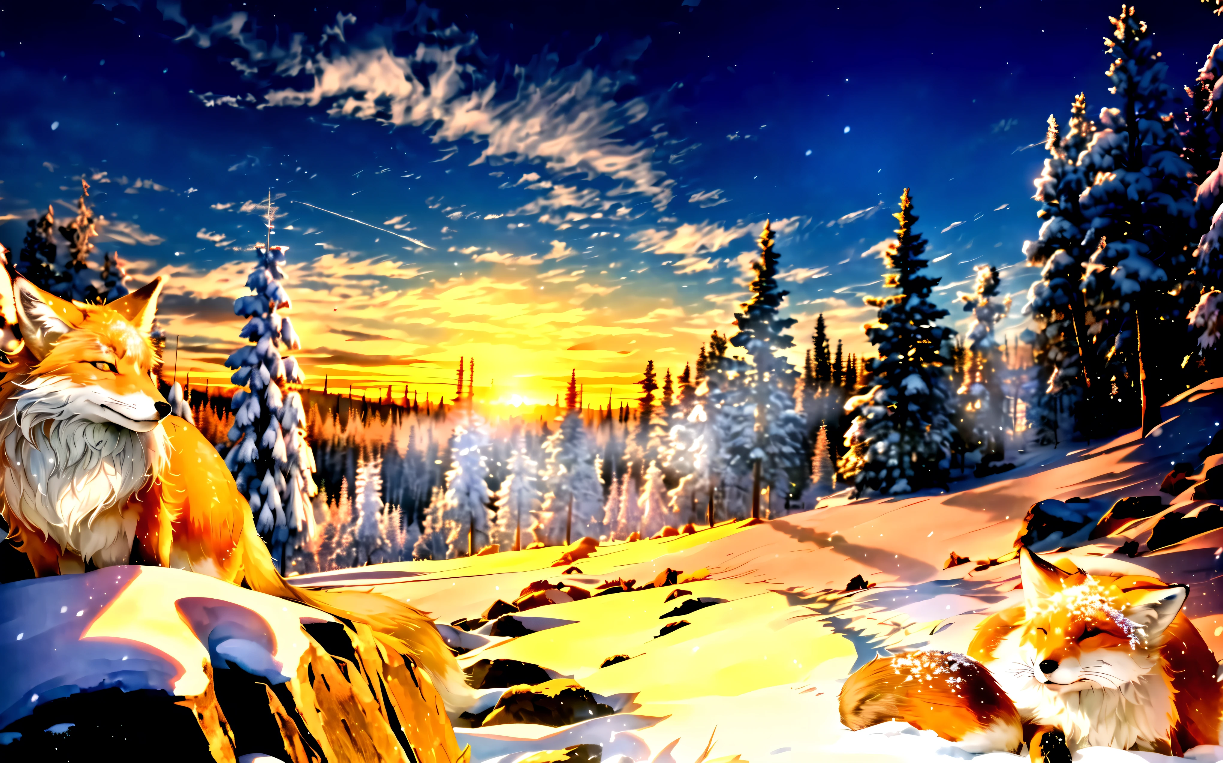 Snowy mountain scenery illuminated by the morning glow,Countless rocks covered in snow,Below the cliffs is a snowy white coniferous forest that stretches to the horizon.,Snowy white coniferous forest,The sun begins to rise over the horizon,Snow scenery shining in the morning sun,Snow-capped coniferous forest,(A fox illuminated by the morning glow,A fox dozing on the snow with its eyes half open),I can only see one hand,,(A fox dozing on a rock with its eyes half open,legs are not visible,),,