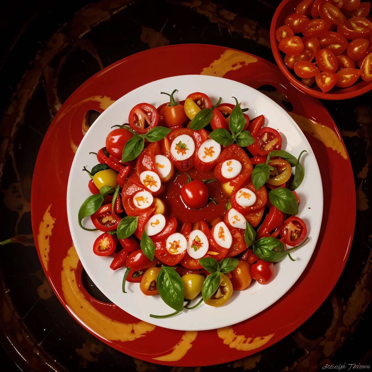 Two tomatoes and chillies in a swirling vortex pattern on the plate