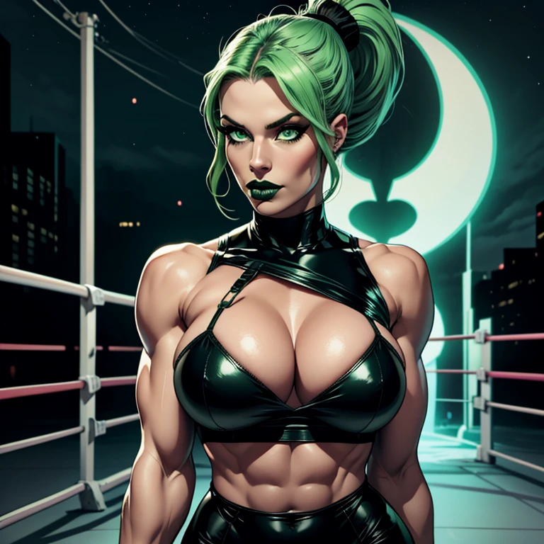 8k, best quality, beautiful muscular adult woman, wrestler, very muscular, pale white skin, vivid green hair in a loose low ponytail, large breasts, large penis bulge, athletic, fit, muscular thighs, shredded waist, glowing green eyes, beautiful, strong, hdr, black goth eyeliner, long hair, green eyes, black lip gloss, black wrestling attire, biker, black bustier, very tight black spandex pants, nighttime, city, outdoors