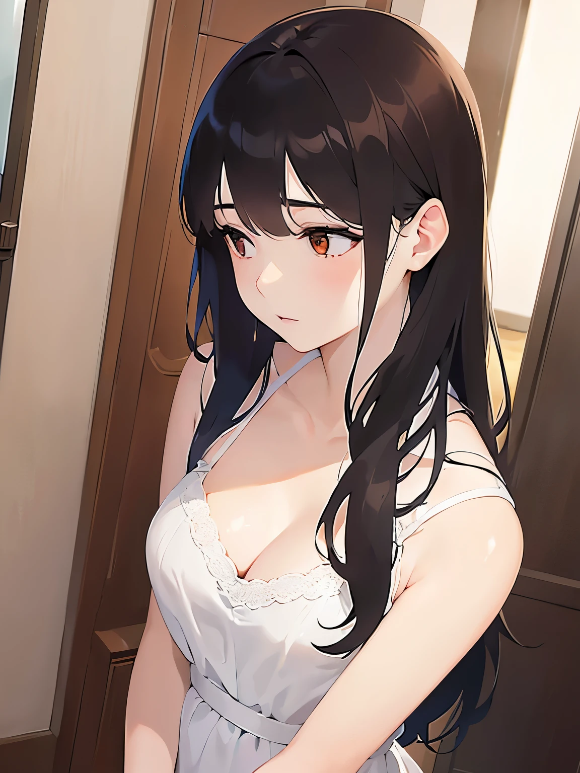 side angle, (looking away:1.5), A close-up of your face、Placing hand on face、Biologically correct five fingers、Cleavage、Realistic, real person, (pale skin: 1.2), RAW photo, photorealistic, shiny skin, shiny hair、(A 25-year-old woman with medium-length hair and bangs) and (wavy hair) and (brown hair) and (orange eyes) , (sundress) and (white) 、confused, The background is the living room、Alone、Are standing
