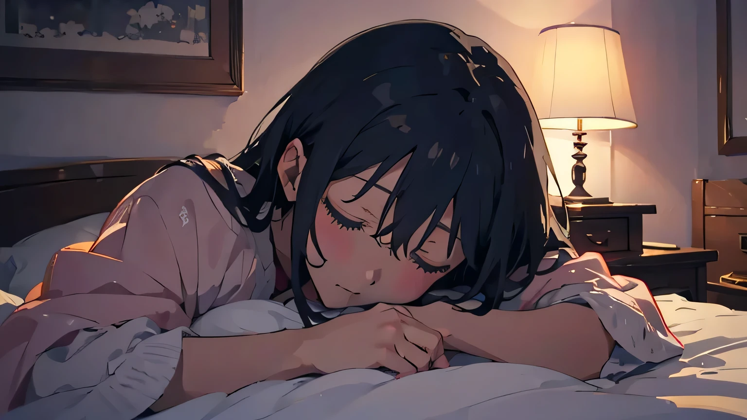 anime、bed、Midnight、sleeping face、beautiful girl