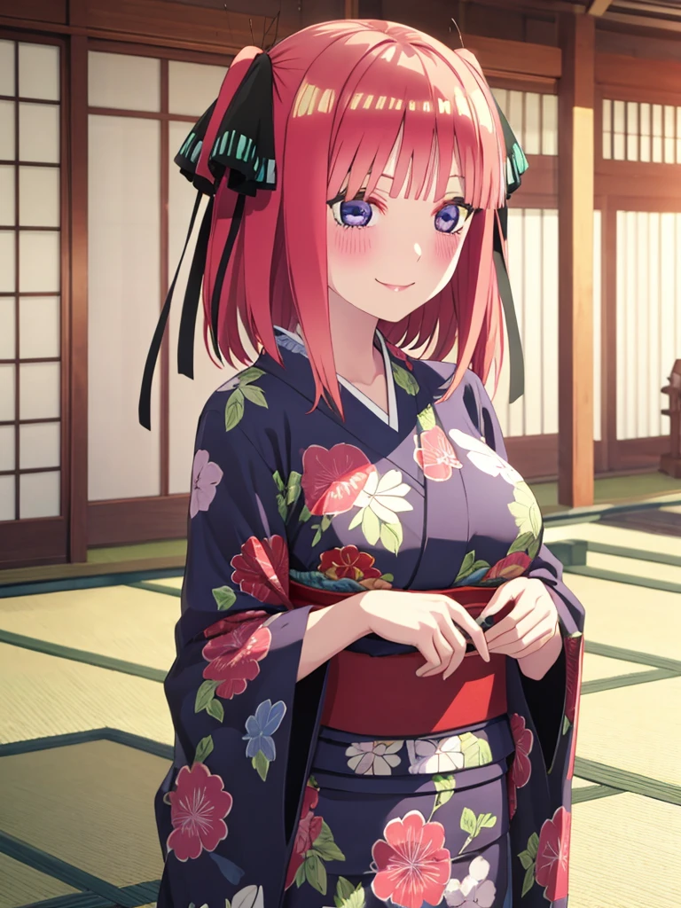 best quality, ultra-detailed masterpiece, nino nakano large breasts, blush, smile, kimono, kyoto