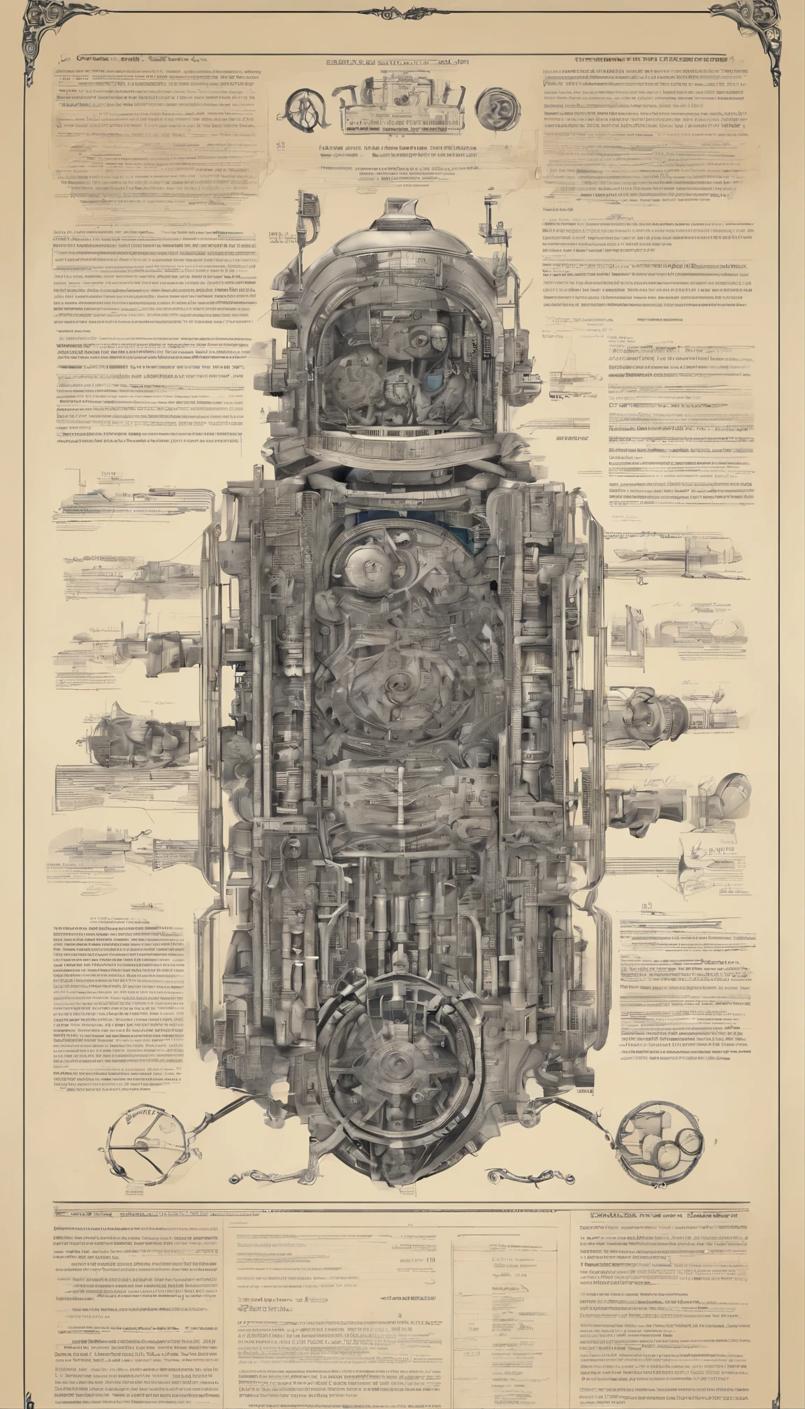 A full-page concept design for an organic robotic device featuring intricate steampunk blueprints drawn in ink on paper.、Introduces scientific intricacies and highly detailed labeled components。Organic machines、Gear reminiscent of Victorian engineering、gear、Seamlessly integrated with the tube、It gives the design a unique and captivating aesthetic.。The intricacy of the meticulously crafted details、This poster is、Serves as a visually compelling blueprint for creating innovative technological wonders。