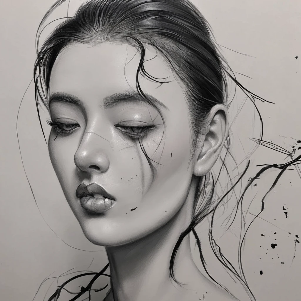 arafed drawing of a woman with a broken face, a hyperrealistic painting by Shen Zhou, tumblr, figurative art, black and white artwork, stunning artwork, cracked porcelain face, painting on grey scale face, dramatic artwork, shattering, face melting, half face, black and white painting, monochromatic airbrush painting, realistic. cheng yi, black and white drawing