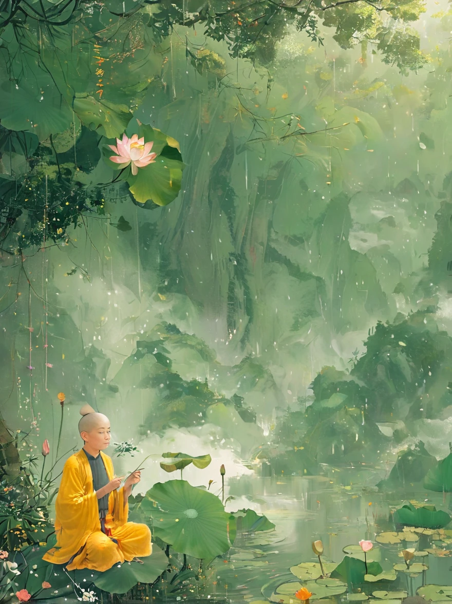 Sensible, Elderly monk sitting in lotus position, Suspended on a mossy stone, Surrounded by a floating lotus, In an old forest with dense leaves, The cyan robe has golden cloud patterns on it, Ancient calligraphic symbols swirl around him, A circle of golden light descended from the sky, Sacred and peaceful atmosphere, Forest creatures and peaceful observation, The scent of sandalwood, The sound of a mountain stream, Mysterious scene, high resolution, Super detailed, Intricate details, The award-winning, Movie Lighting, dramatic shadows, Rich in details, Volumetric Lighting, The face is rich in detail, Elegant composition, atmosphere, paisagem de fantasia, Studio Ghibli style, best quality, 8k, masterpiece