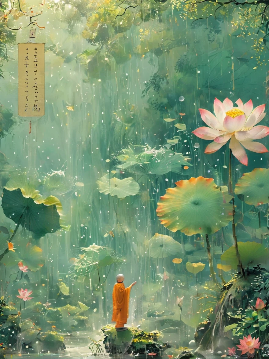 Sensible, Elderly monk sitting in lotus position, Suspended on a mossy stone, Surrounded by a floating lotus, In an old forest with dense leaves, The cyan robe has golden cloud patterns on it, Ancient calligraphic symbols swirl around him, A circle of golden light descended from the sky, Sacred and peaceful atmosphere, Forest creatures and peaceful observation, The scent of sandalwood, The sound of a mountain stream, Mysterious scene, high resolution, Super detailed, Intricate details, The award-winning, Movie Lighting, dramatic shadows, Rich in details, Volumetric Lighting, The face is rich in detail, Elegant composition, atmosphere, paisagem de fantasia, Studio Ghibli style, best quality, 8k, masterpiece