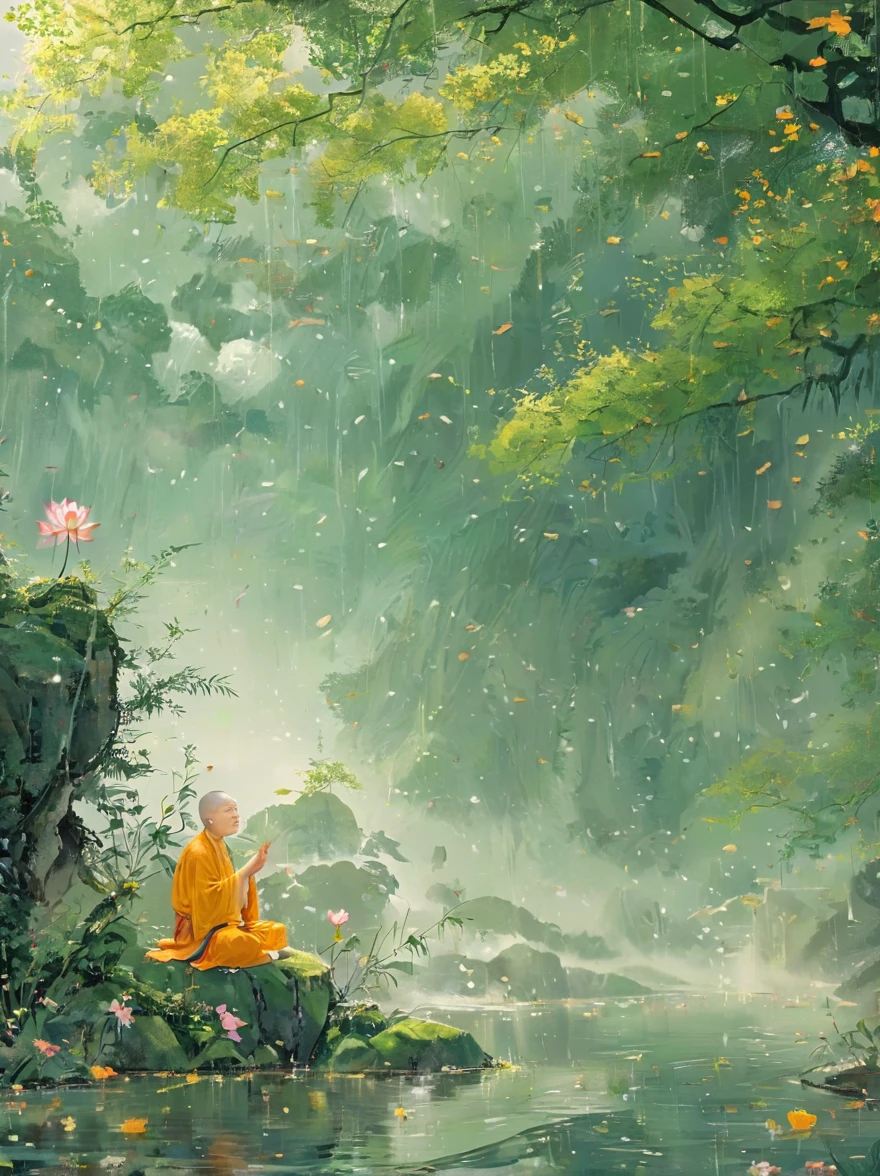 Sensible, Elderly monk sitting in lotus position, Suspended on a mossy stone, Surrounded by a floating lotus, In an old forest with dense leaves, The cyan robe has golden cloud patterns on it, Ancient calligraphic symbols swirl around him, A circle of golden light descended from the sky, Sacred and peaceful atmosphere, Forest creatures and peaceful observation, The scent of sandalwood, The sound of a mountain stream, Mysterious scene, high resolution, Super detailed, Intricate details, The award-winning, Movie Lighting, dramatic shadows, Rich in details, Volumetric Lighting, The face is rich in detail, Elegant composition, atmosphere, paisagem de fantasia, Studio Ghibli style, best quality, 8k, masterpiece