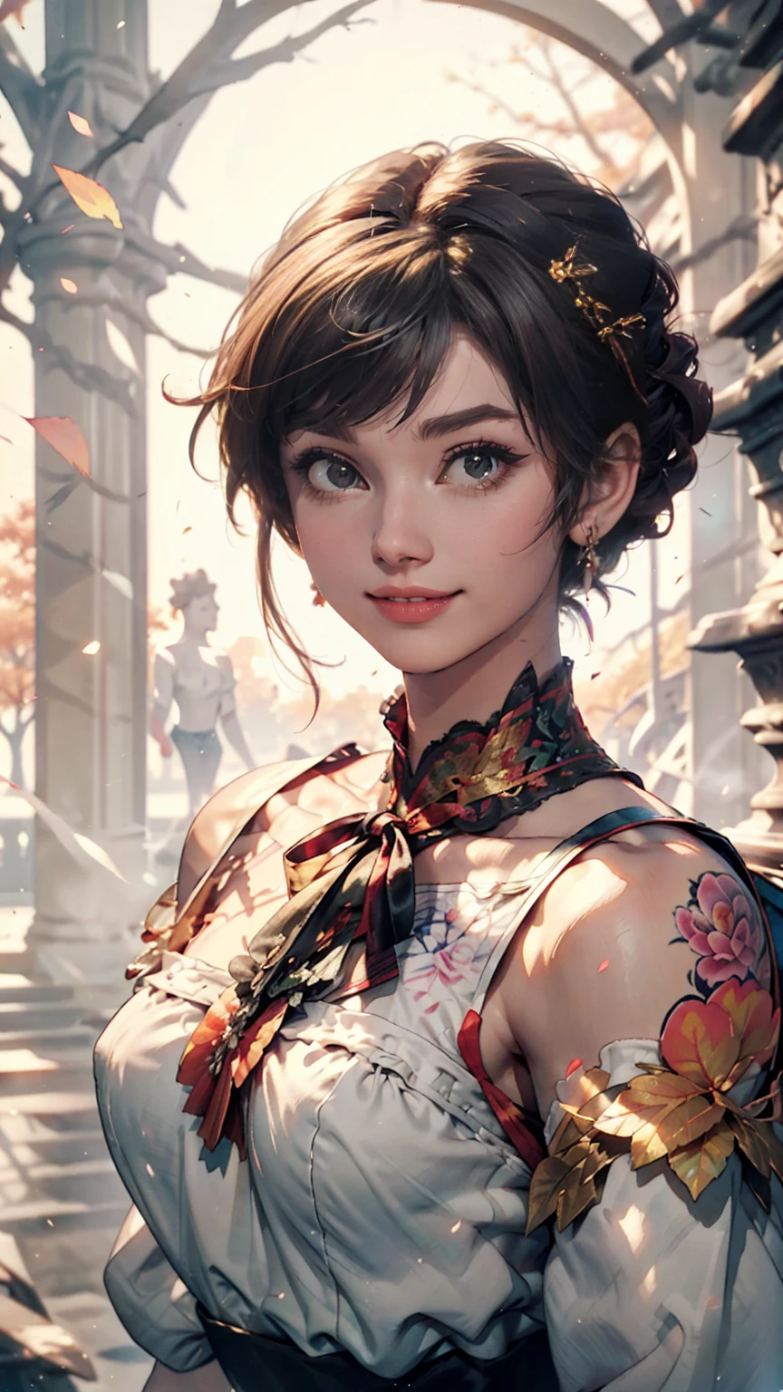 (8k, highest quality, masterpiece:1.2),(highest quality:1.0), (Ultra-high resolution:1.0), watercolor, Beautiful woman, shoulder, Hair Ribbon, Agnes Cecil, Half Body Portrait, Very bright and luminous design, pastel colour, (ink:1.3), Autumn Light,Good proportions、smile