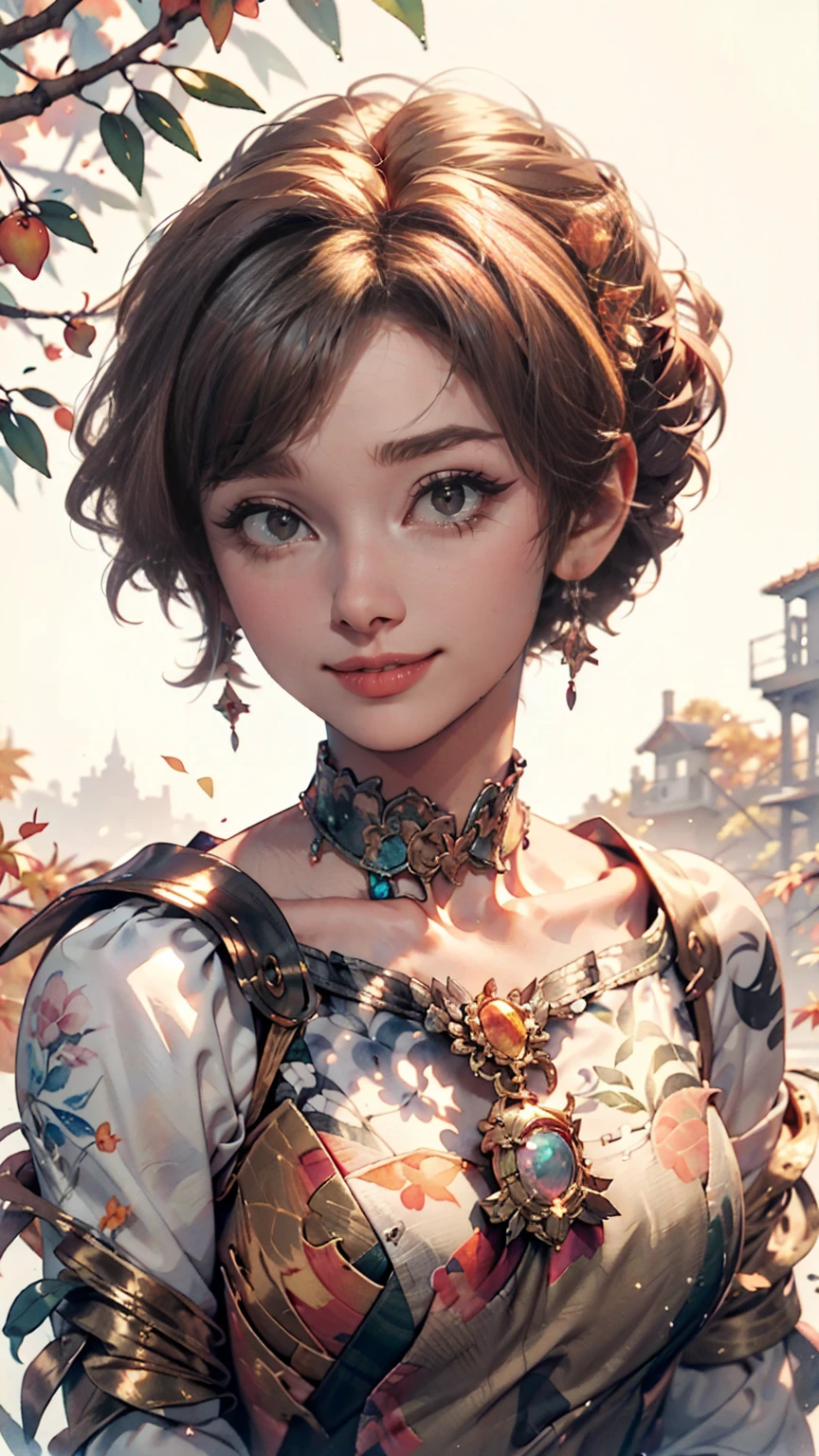 (8k, highest quality, masterpiece:1.2),(highest quality:1.0), (Ultra-high resolution:1.0), watercolor, Beautiful woman, shoulder, Hair Ribbon, Agnes Cecil, Half Body Portrait, Very bright and luminous design, pastel colour, (ink:1.3), Autumn Light,Good proportions、smile