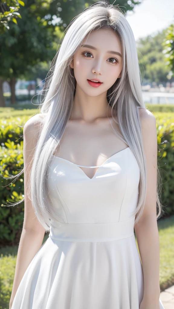 Silver-white beautiful girl with long hair，White Dress，flat chest，White skin，Stick out your tongue，Cute and playful，Girlfriend，