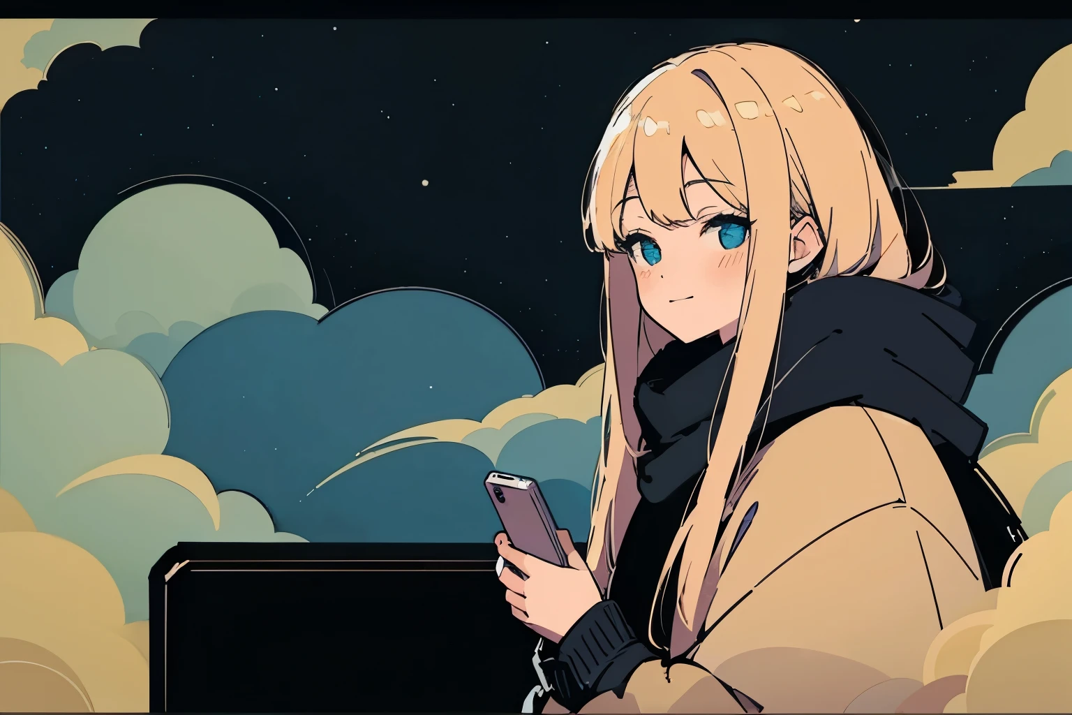 Close-up of a 20 year old blonde woman、smile、Gentle light、Black background、coffee、head shot、Lo-fi illustration、A relaxing sight、Starry Sky、Countless Stars、Night view、scarf、hoodie、Have a smartphone、Colorful clouds on background