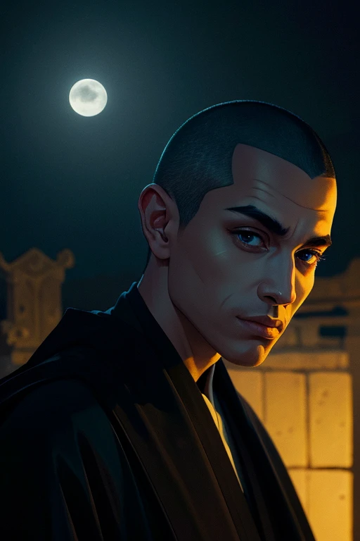 Monk with beautiful eyes with shaved head, black robe, moonlit night, ((highest quality)), (illustration)