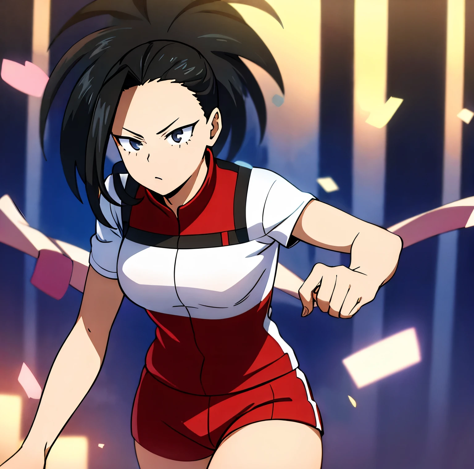 1girl, alone ,yaoyorozu momo, (momo yaoyorozu:1.2), long hair, bangs, black hair, ponytail, (black eyes:1.5), high ponytail, wide ponytail, collarbone, short sleeves, pants, (pink shirt:1.2), blue pants, track suit, track pants, sweatpants, outdoors, night sky, night, star \(sky\), looking at viewer,(masterpiece:1.2), best quality, high resolution, unity 8k wallpaper, (illustration:0.8), (beautiful detailed eyes:1.6), extremely detailed face, perfect lighting, extremely detailed CG, (perfect hands, perfect anatomy),