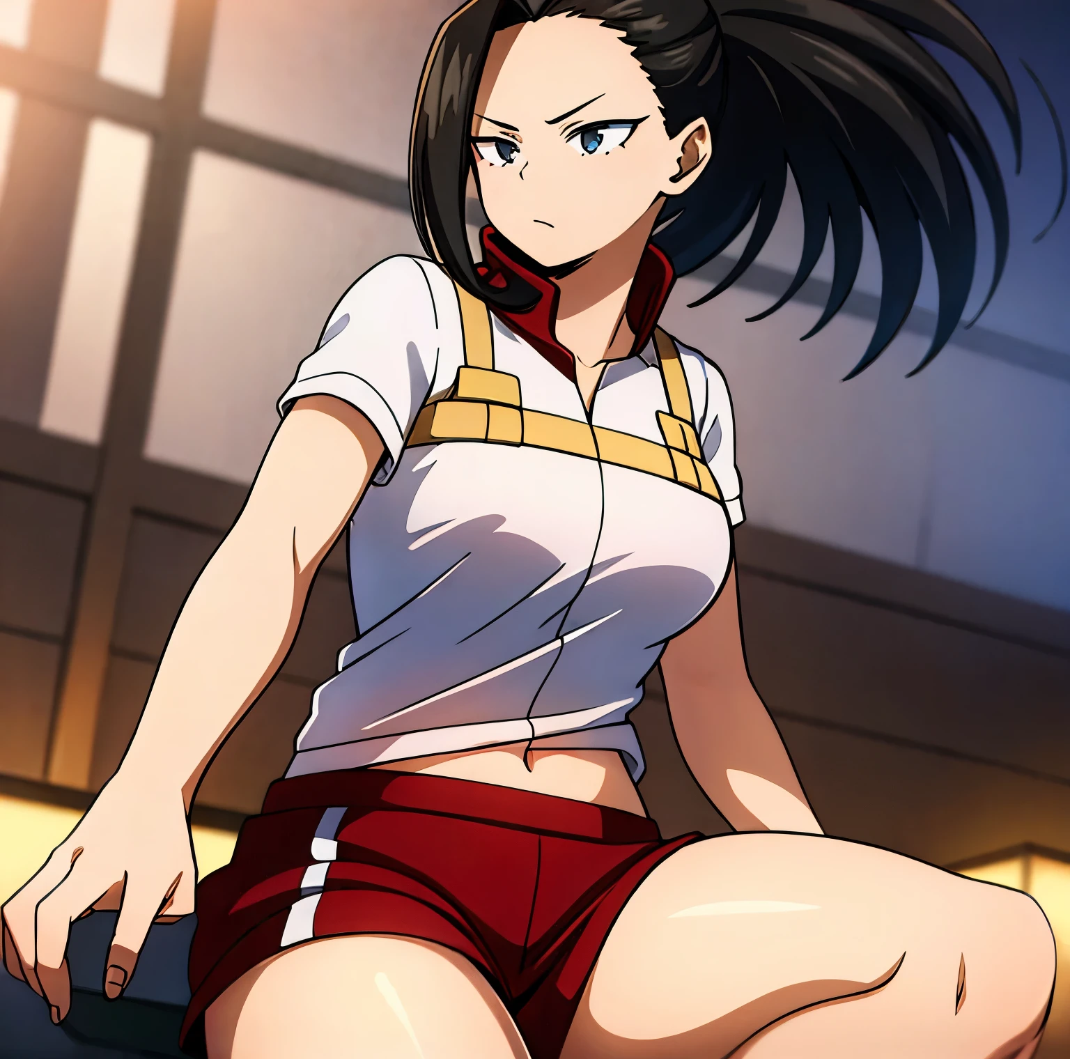 1girl, alone ,yaoyorozu momo, (momo yaoyorozu:1.2), long hair, bangs, black hair, ponytail, (black eyes:1.5), high ponytail, wide ponytail, collarbone, short sleeves, pants, (pink shirt:1.2), blue pants, track suit, track pants, sweatpants, outdoors, night sky, night, star \(sky\), looking at viewer,(masterpiece:1.2), best quality, high resolution, unity 8k wallpaper, (illustration:0.8), (beautiful detailed eyes:1.6), extremely detailed face, perfect lighting, extremely detailed CG, (perfect hands, perfect anatomy),