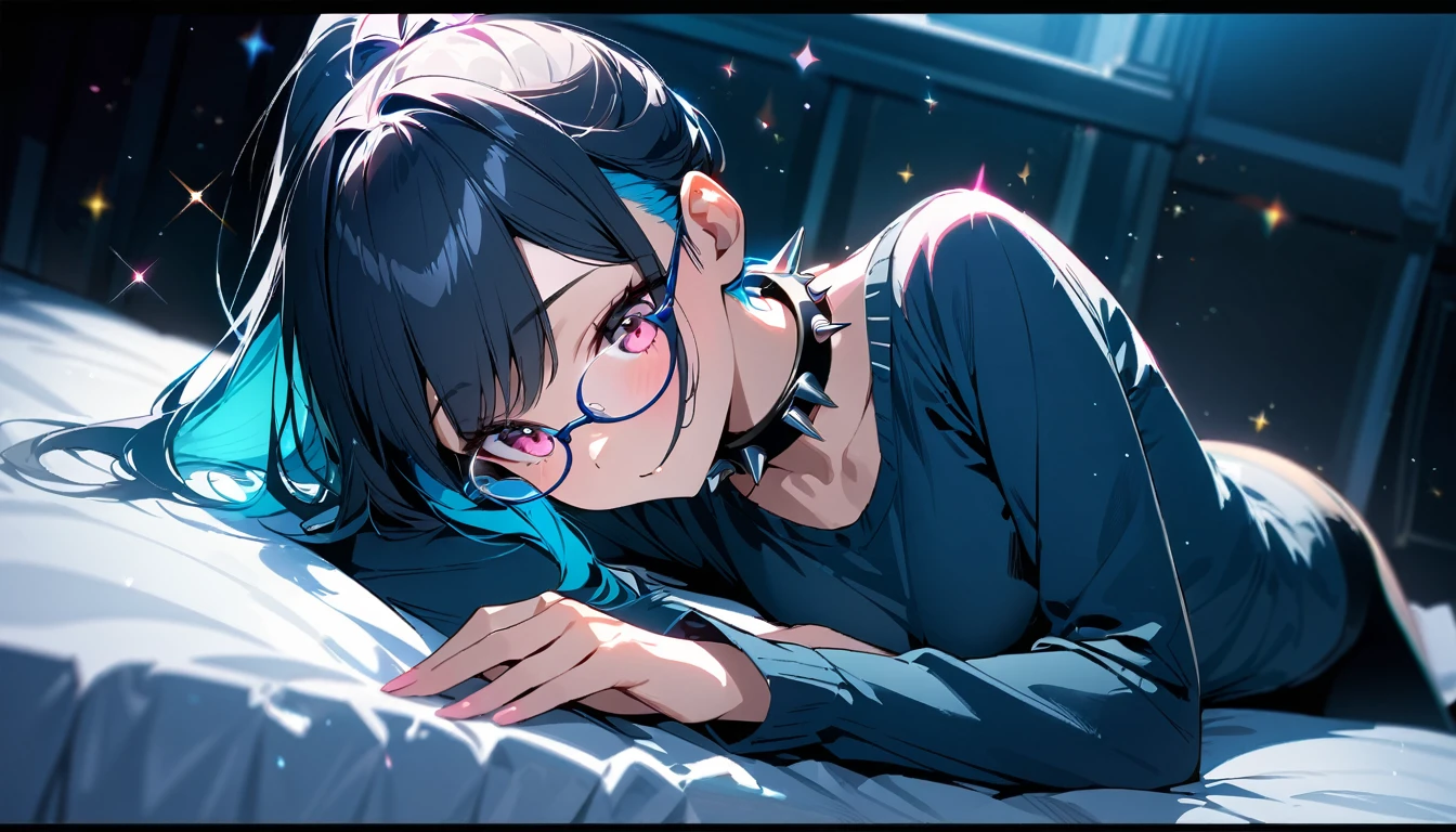 (best quality:1.2, top quality, highest resolution:1.2, masterpiece:1.3, high quality, high res, 4k), (visual effects), depth of field, [sparkle sparkle], soft colors, [full body shot], [detailed] ((one girl, skinny body,  size, short hair, high ponytail hairstyle, dark blue outer hair, (cyan inner hair), pink eyes, wears contact glasses)). (wears spiked collar, napping on the bed, dynamic angle) 