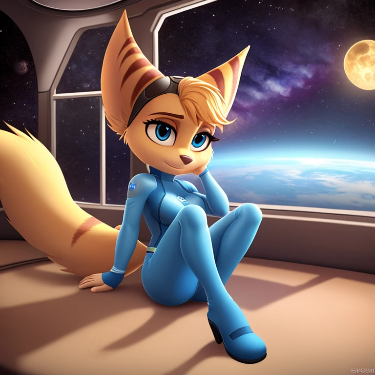 Solo, female, detailed, fluffy, furry, rivet (ratchet and clank), medium breasts, absurdres, bedroom eyes, detailed, solo, zero suit, beautiful, breasts, luxury, elite, full body CGsociety, hypermaximalist, golden ratio, environmental key art, octane render, weta digital, ray trace, 8k, stars, blushing, embarrassed, impossible clothing, space, alien moon, leaning, space station