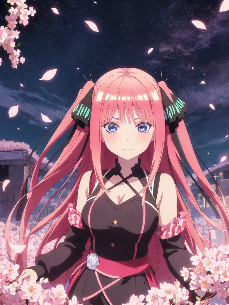 A girl with pink hair is posing for a photo, Best Anime 4K, nino nakano , sakura petals around her, Splash Art Anime, Anime Style 4k, Anime Moe Art Style, High quality anime art style, Detailed anime artwork, Anime Wallpaper, Anime Best Girl