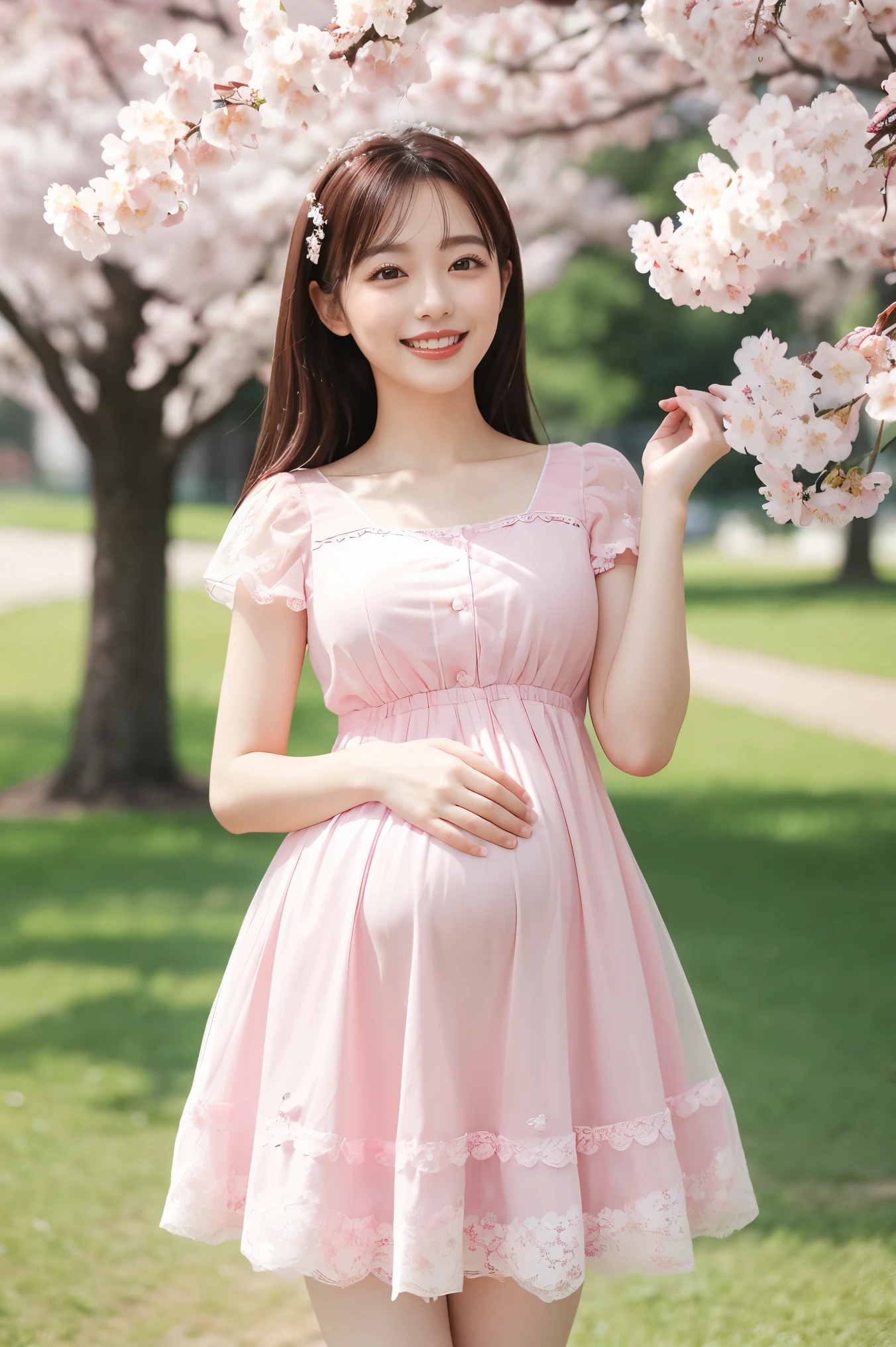 (highest quality、masterpiece、8k、Best image quality、Award-winning works)、1 female、A walk in the park、(alone:1.1)、(1 photo:1.1)、Elegant maternity wear、See-through maternity wear、Lace ornament、Perfect Makeup、thin、The biggest smile is looking at me、(height: 140cm:1.4)、(Very short:1.4)、Standing full body photo、Perfect Anatomy、Blurred cherry blossoms in full bloom,、big grass park、Refreshing atmosphere、very bright and vivid、Beautiful eyes in ultra-high resolution、Ultra high resolution perfect beautiful teeth、Ultra-high definition beauty face、Ultra HD beautiful hair、Perfect teeth alignment