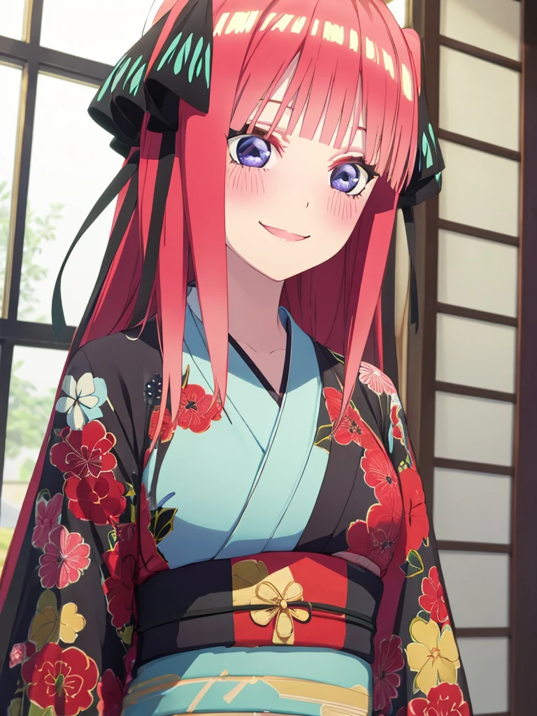 best quality, ultra-detailed masterpiece, nino nakano large breasts, blush, smile, kimono, kyoto